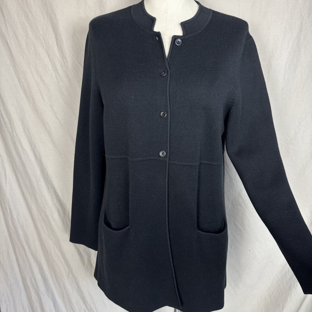Eileen Fisher Petite Medium 80% SILK Cardigan Tunic BLACK Sweater Top PM Pockets